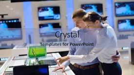  Presentation with consumer electronics - Beautiful slide set featuring young couple in consumer electronics backdrop and a light blue colored foreground