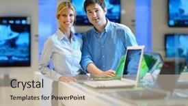  Presentation with consumer electronics - PPT theme having young couple in consumer electronics background and a  colored foreground