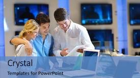  Presentation with consumer electronics - Presentation design featuring young couple in consumer electronics background and a teal colored foreground