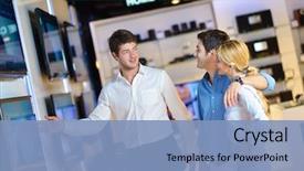  Presentation with consumer electronics - Cool new PPT theme with young couple in consumer electronics backdrop and a light blue colored foreground