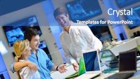  Presentation with consumer electronics - Beautiful slide set featuring young couple in consumer electronics backdrop and a ocean colored foreground