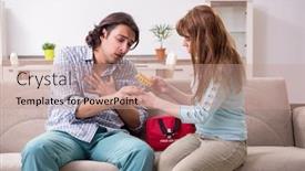  Presentation with first aid - PPT theme with young couple in first aid concept at home background and a coral colored foreground