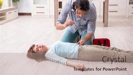  Presentation with first aid - Audience pleasing slides consisting of young-couple-in-first-aid backdrop and a coral colored foreground