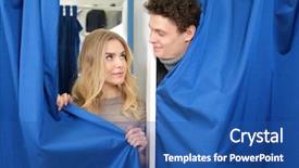  Presentation with young happy couple - Amazing slide deck having young couple in fitting room backdrop and a ocean colored foreground