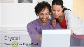  Presentation with computer - Cool new presentation theme with young couple in front of computer at home backdrop and a light blue colored foreground