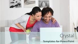  Presentation with computer - PPT theme featuring young-couple-in-front background and a sky blue colored foreground