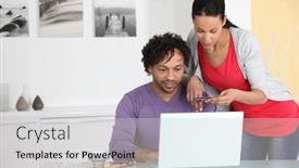  Presentation with computer - Amazing presentation design having young-couple-in-front backdrop and a light gray colored foreground