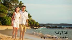  Presentation with romantic beach - Slide deck having young couple in love attractive man and woman enjoying romantic evening walk on the beach watching the sunset background and a coral colored foreground