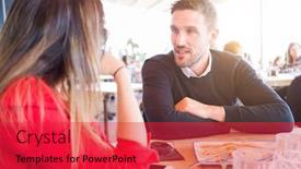  Presentation with restaurante - Colorful presentation theme enhanced with young couple in love having a conversation at restaurante talking happy and cheerful outdoors backdrop and a red colored foreground