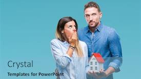 Presentation with secret love - Theme featuring young couple in love holding house over isolated background cover mouth with hand shocked with shame for mistake expression of fear scared in silence secret concept background and a light blue colored foreground