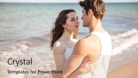  Presentation with love - Beautiful theme featuring young couple in love looking at each other and hugging with sea at background backdrop and a soft green colored foreground