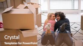  Presentation with computer love - Presentation design featuring young couple in love moving in a new flat lying on the floor and surfing the web on a tablet computer in search of new redecoration ideas background and a tawny brown colored foreground