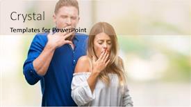  Presentation with sleepiness - Cool new slide deck with young couple in love over isolated background bored yawning tired covering mouth with hand restless and sleepiness backdrop and a coral colored foreground