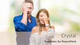  Presentation with confident love - Cool new PPT theme with young couple in love over isolated background covering one eye with hand with confident smile on face and surprise emotion backdrop and a lemonade colored foreground