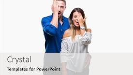  Presentation with confident love - Presentation design consisting of young couple in love over isolated background covering one eye with hand with confident smile on face and surprise emotion background and a white colored foreground