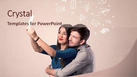  Presentation with ideas - Beautiful slide deck featuring young couple in love taking selfie with a mobile phone in the handsome guy's hand and drawn media communication icons above them confused ideas concept backdrop and a lemonade colored foreground