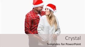  Presentation with confident love - PPT theme consisting of young couple in love wearing christmas hat over isolated background looking away to side with smile on face natural expression laughing confident background and a light gray colored foreground