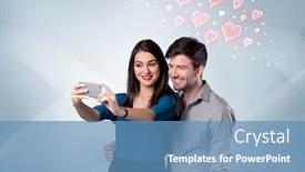  Presentation with red grey - Audience pleasing slide deck consisting of young couple in love and drawn red hearts taking selfie with a mobile phone in the handsome guy's hand in front of an empty clear grey wall background concept backdrop and a teal colored foreground