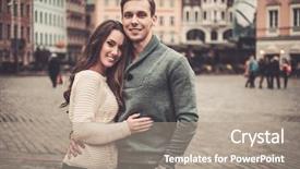  Presentation with old couple walking - Amazing PPT theme having young couple in old european backdrop and a coral colored foreground