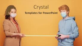  Presentation with masks - Presentation design with young-couple-in-protective-masks background and a yellow colored foreground