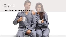  Presentation with coffee - PPT theme with young-couple-in-pyjamas-holding background and a light gray colored foreground