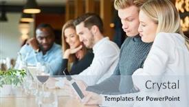  Presentation with faces - Amazing slide deck having young-couple-in-restaurant-making backdrop and a light blue colored foreground