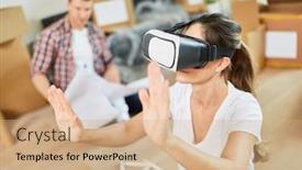 Presentation with virtual reality - PPT theme consisting of young-couple-in-room-design background and a coral colored foreground