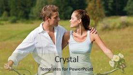  Presentation with old couple - Colorful slides enhanced with young couple in spring meadow with old-fashioned bikes backdrop and a yellow colored foreground