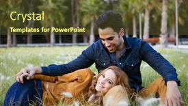  Presentation with park - Theme enhanced with young couple in the park she is looking at the camera he is looking away background and a tawny brown colored foreground