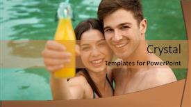  Presentation with juices - Presentation design featuring young couple inside the pool and drinking natural juices background and a coral colored foreground