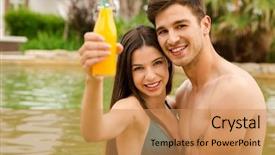  Presentation with juices - Presentation design with young couple inside the pool and drinking natural juices background and a coral colored foreground