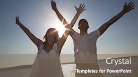  Presentation with joy - Beautiful PPT theme featuring young couple jumping for joy on the beach backdrop and a violet colored foreground