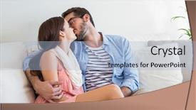  Presentation with broken home upset couple - Slides enhanced with young couple kissing on couch at home in the living room background and a light blue colored foreground