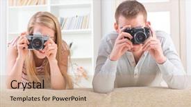  Presentation with cameras - Colorful PPT layouts enhanced with young couple laying on the bed with heads upside down and taking pictures with old analog slr cameras backdrop and a coral colored foreground