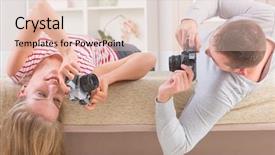  Presentation with cameras - Audience pleasing theme consisting of young couple laying on the bed with heads upside down and taking pictures with old analog slr cameras backdrop and a lemonade colored foreground