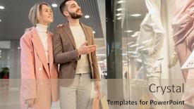  Presentation with mannequin - Slide deck having young-couple-looking-at-mannequin background and a coral colored foreground