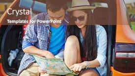  Presentation with route - Colorful presentation enhanced with young couple looking at map while choosing their travel route backdrop and a tawny brown colored foreground