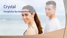  Presentation with sports wear - Slide set having young couple looking thoughtful while standing next to each other on beach in sports wear background and a sky blue colored foreground