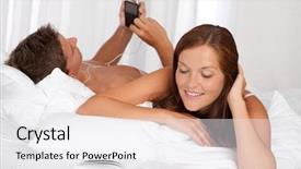  Presentation with music book - Cool new PPT layouts with young couple lying down in bed woman reading book man listening to music backdrop and a sky blue colored foreground