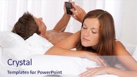  Presentation with music book - Presentation having young couple lying down in bed woman reading book man listening to music background and a sky blue colored foreground