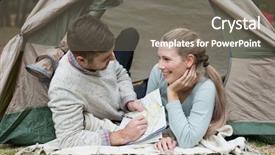  Presentation with wilderness - Slide deck with young couple lying in tent with a map in the wilderness background and a gray colored foreground