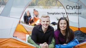  Presentation with tent - Theme with young couple lying in tent during lakeside camping background and a light blue colored foreground
