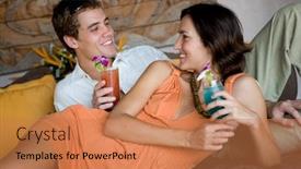  Presentation with vacation - PPT theme enhanced with young couple lying together on a bed on vacation with cocktails background and a coral colored foreground