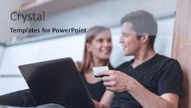  Presentation with new order - Audience pleasing PPT theme consisting of young couple making online order in their new apartment backdrop and a light blue colored foreground