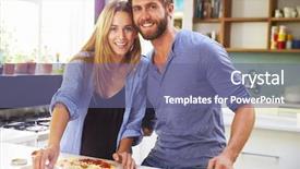  Presentation with pizza - Audience pleasing PPT theme consisting of young couple making pizza in kitchen together backdrop and a ocean colored foreground
