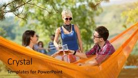  Presentation with female - Colorful PPT theme enhanced with young couple male and female in hammock in nature toast with beer with female friend backdrop and a gold colored foreground