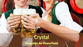  Presentation with brewery - Theme enhanced with young couple man and woman in traditional bavarian tracht drinking beer in a brewery in front of beer barrels background and a tawny brown colored foreground