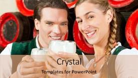  Presentation with brewery - PPT layouts having young couple man and woman in traditional bavarian tracht drinking beer in a brewery in front of beer barrels background and a coral colored foreground