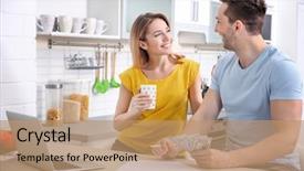  Presentation with budget - Presentation design featuring young couple managing family budget background and a coral colored foreground