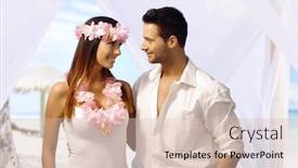  Presentation with marrying - Presentation theme with young couple marrying on the beach hugging looking each other with love background and a soft green colored foreground